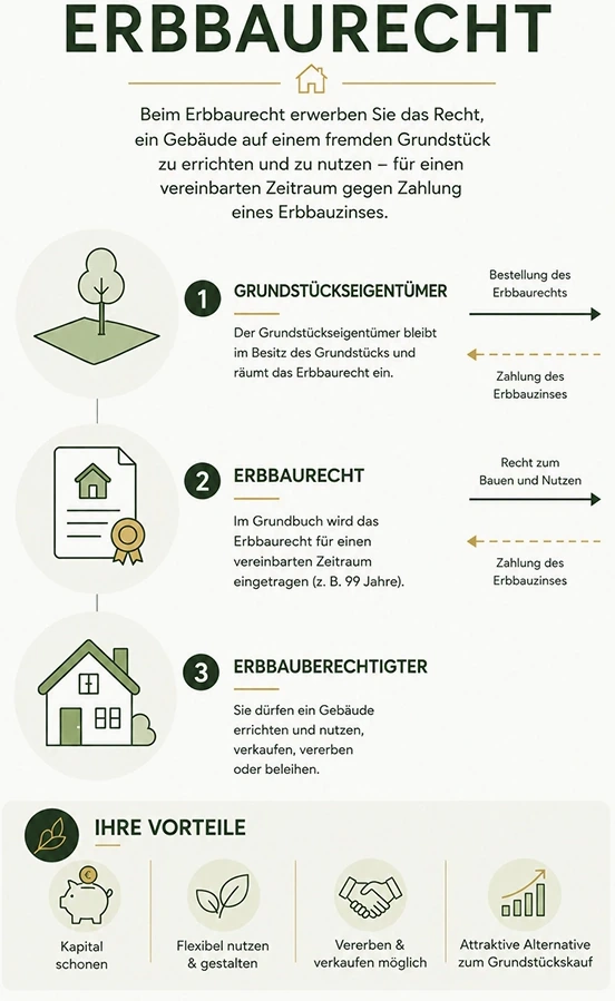 erbbaurecht-infografik-ablauf-und-vorteile Der Grundstückseigentümer behält das Grundstück und bestellt das Erbbaurecht, das für einen vereinbarten Zeitraum von zum Beispiel 99 Jahren im Grundbuch steht. Der Erbbauberechtigte errichtet und nutzt darauf ein Gebäude, kann es verkaufen, vererben oder beleihen und zahlt dafür Erbbauzins.