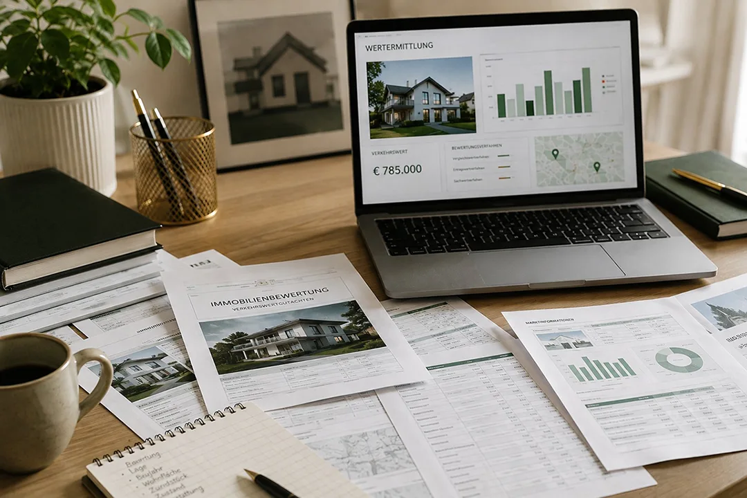 Schreibtisch mit Laptop, Wertermittlungsgutachten und Marktdaten zur Immobilienbewertung